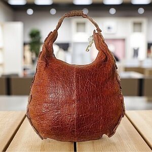 Charm & Luck Brown Textured Leather Embellished Silver & Rhinestone Hobo Bag